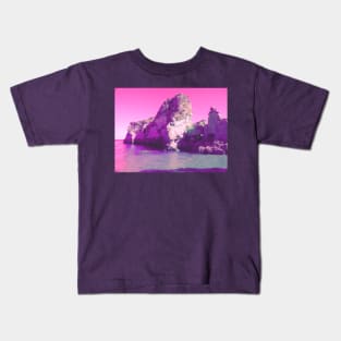 Magenta rocky Portuguese beach - fantasy edit of nature photography Kids T-Shirt